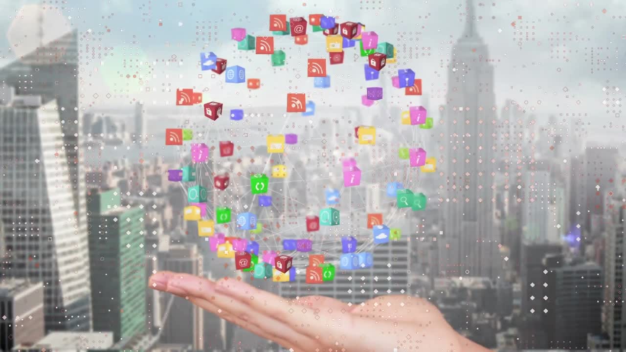 금융 데이터 처리의 애니메이션과 도시 위의 아이콘