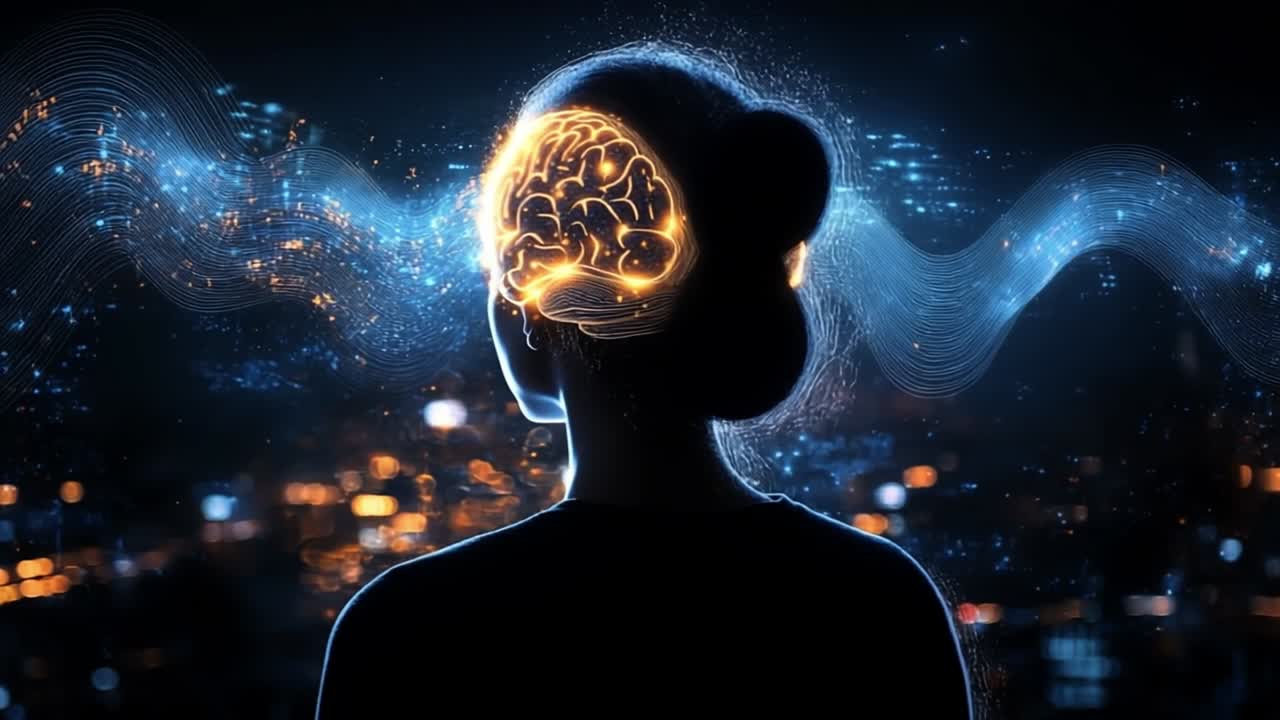 Woman with illuminated brain in a city skyline