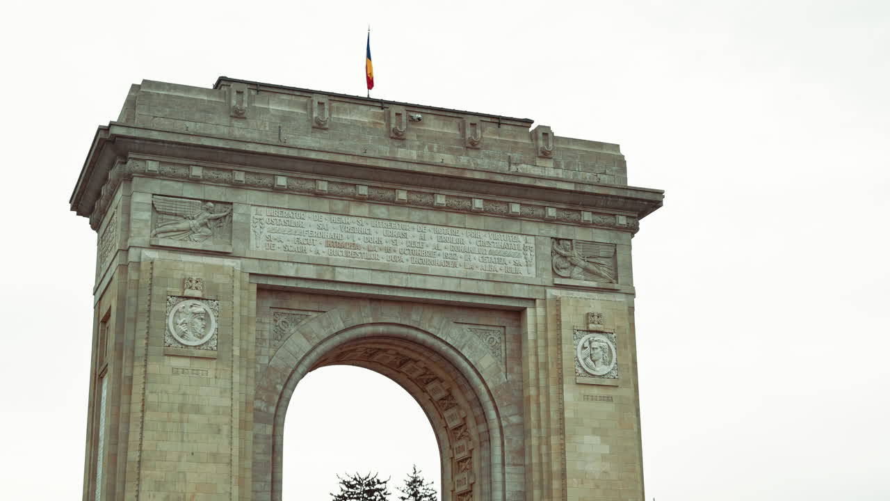 Street view of The Triumphal Arch in the northern part of Bucharest, Romania