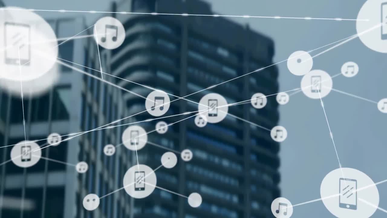 Animazione di rete di connessioni con icone su un moderno edificio