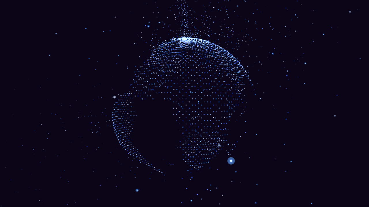 Futuristic 3D globe formed by blue light particles and dots, rotating in a starry dark space. Concept for global network, data visualization, technology and cosmos