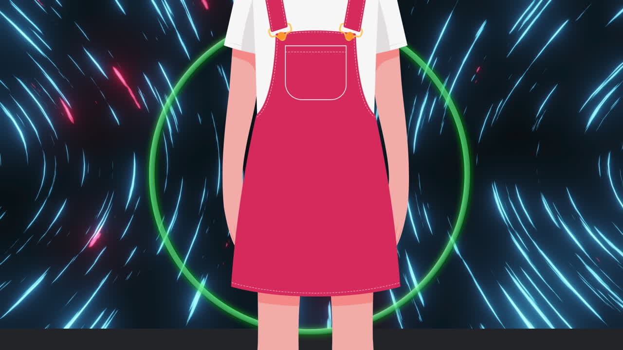 움직이는 모양 위에 얼굴 마스크 아이콘을 가진 소녀의 애니메이션