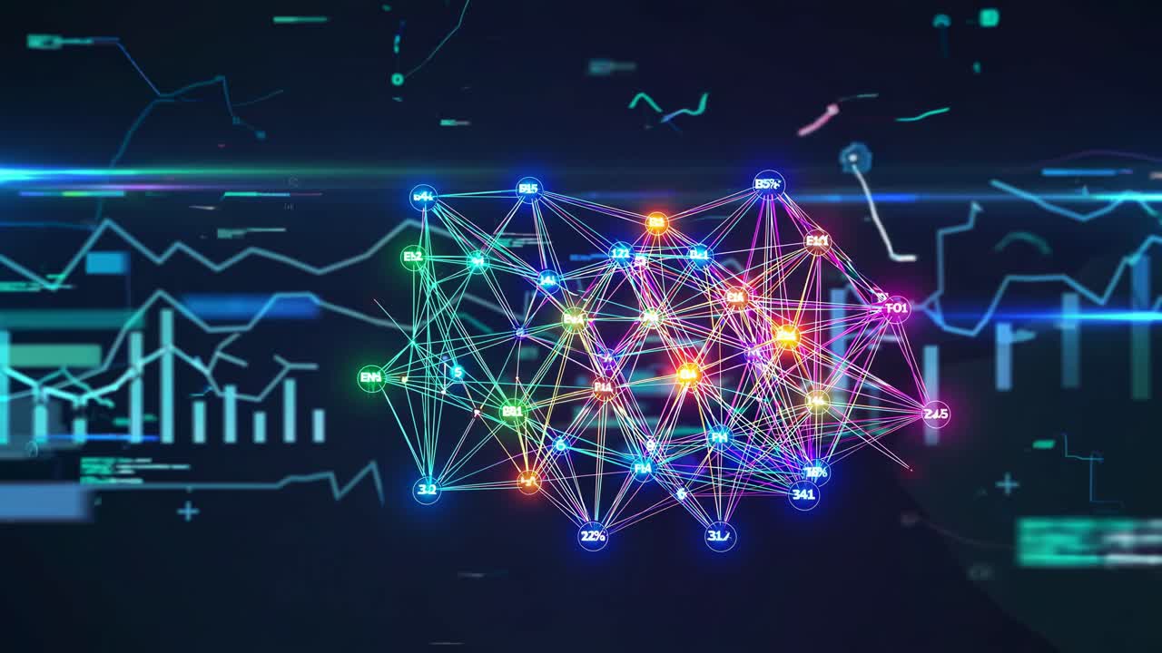 A futuristic video concept of a neural network with vibrant colors and data graphs