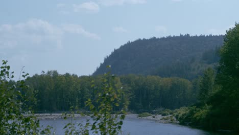 A-mountain-and-forest-lies-beyond-a-lake-as-the-camera-passes-with-trees-in-the-foreground