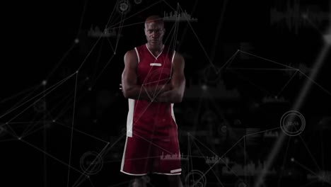 Animation-Des-Netzwerks-Von-Verbindungen-über-Einen-Afroamerikanischen-Basketballspieler