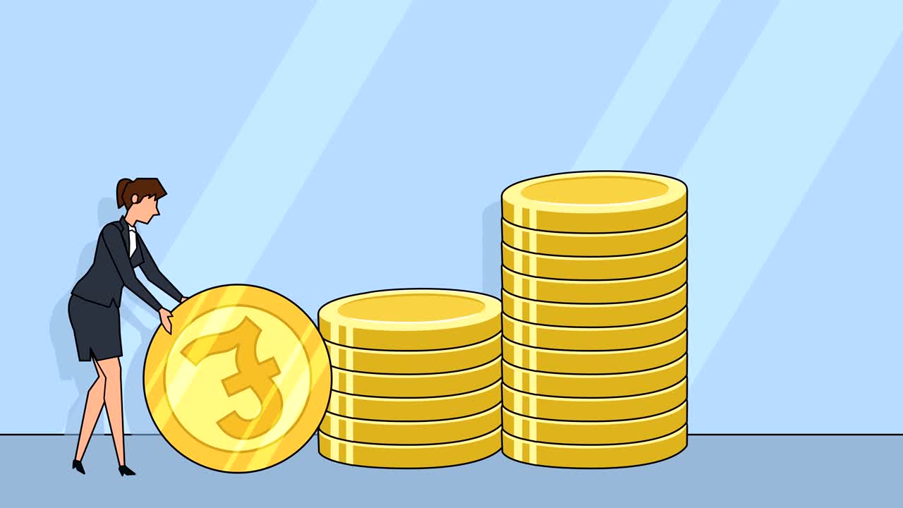 Flat cartoon businesswoman character roll pound sterling coin money concept animation