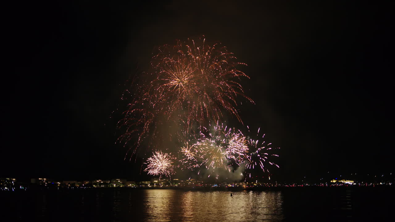 Fireworks at the Cannes Fireworks Festival at night, France, slow motion