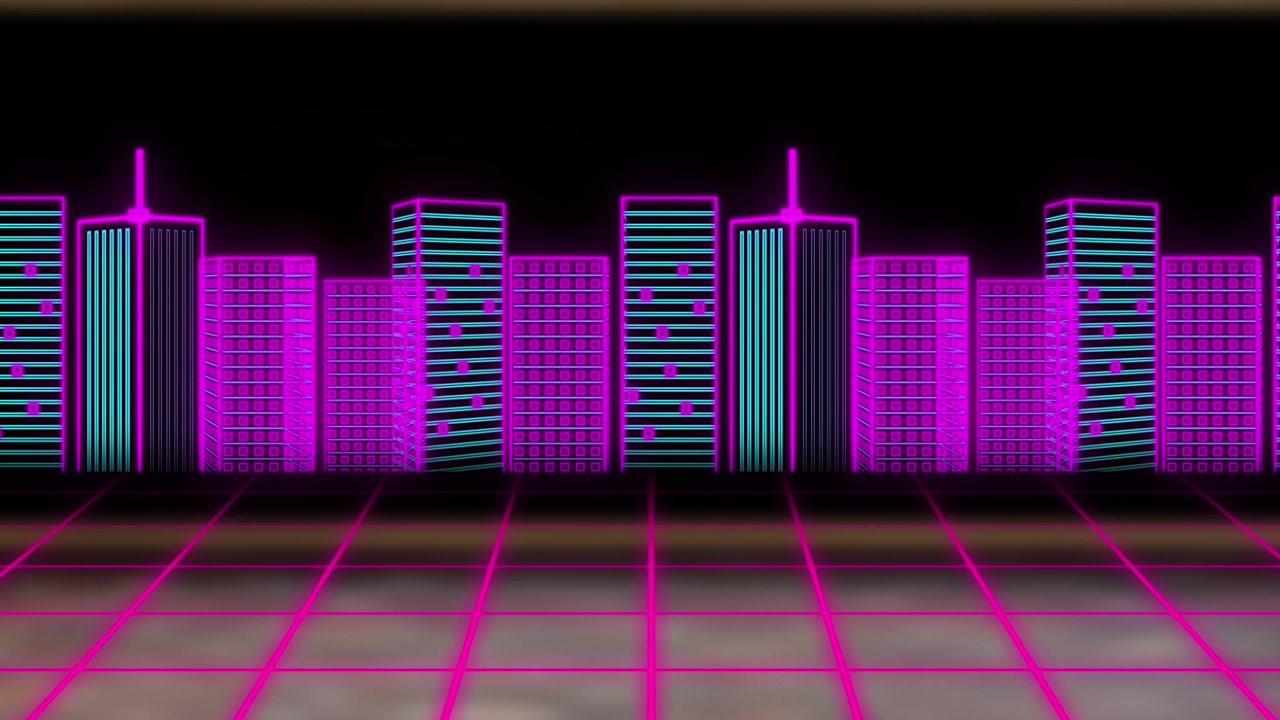 Paesaggio urbano in stile Retro Synthwave con edifici al neon luminosi