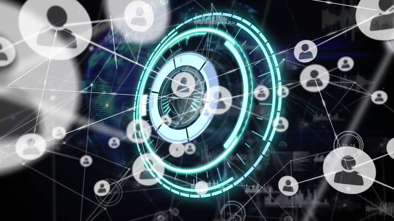 Animazione di una rete di connessioni su cerchi di elaborazione su sfondo nero