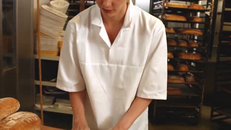 female baker kneading a dough