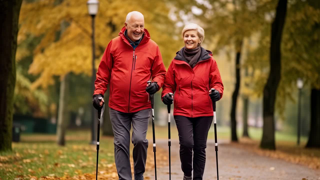 Elderly man and woman wearing red jackets are practicing nordic walking in a park during a sunny autumn day, smiling and enjoying their retirement