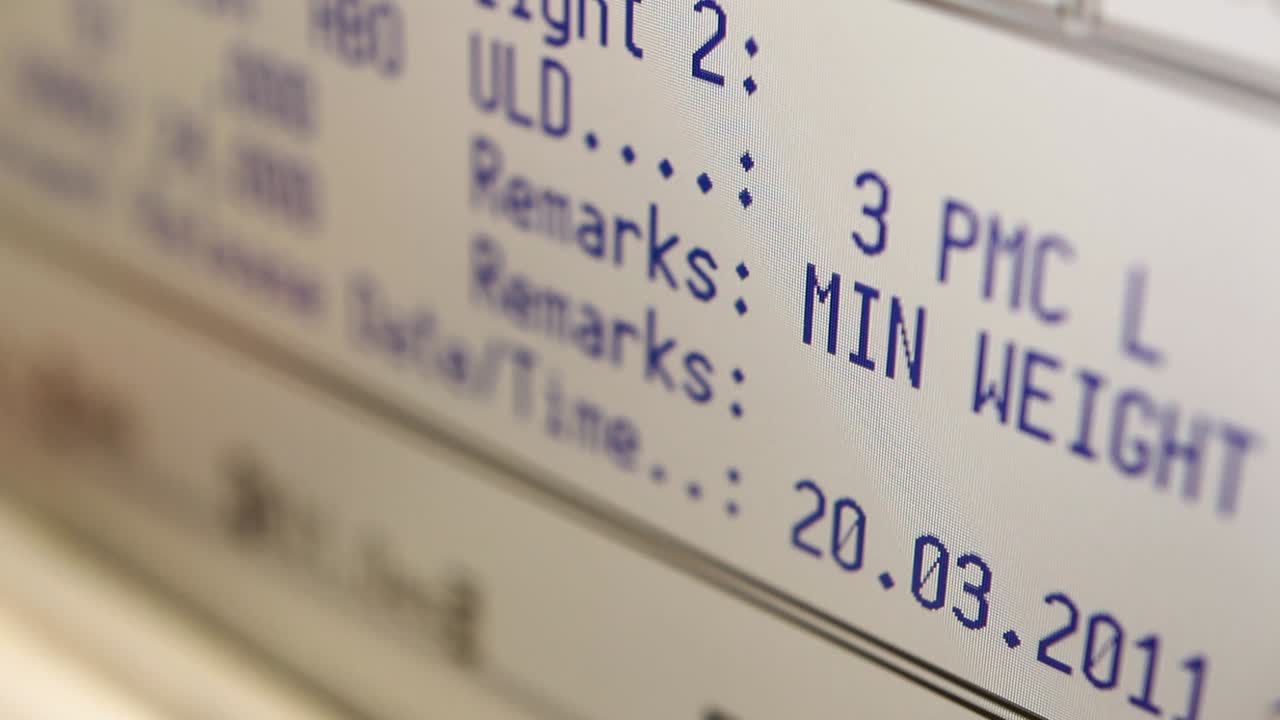 Close-up of a computer screen displaying flight information with a focus on date and remarks