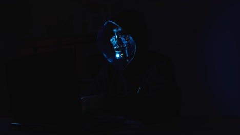 cybercrime scene with hooded man in mask using laptop in darkness – represents phishing, viruses, and illegal dark web hacking