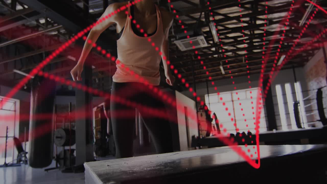 권투 체육관에서 운동하는 백인 여성에 대한 dna 가닥의 애니메이션