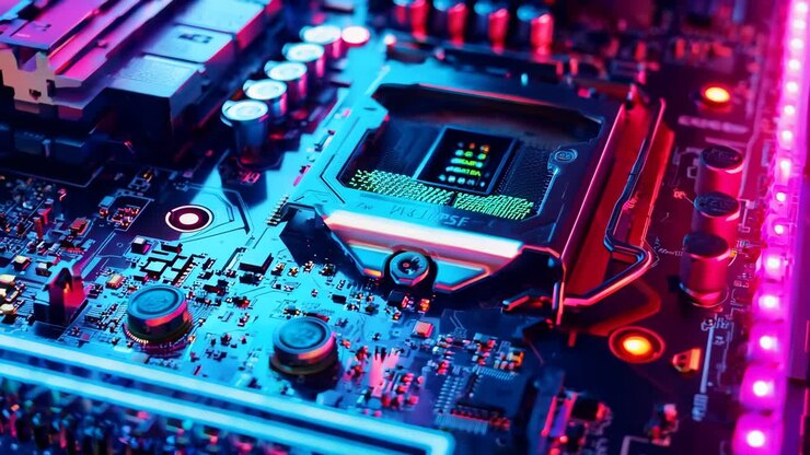 Un primo piano di una scheda madre di un computer con una luce rossa e blu
