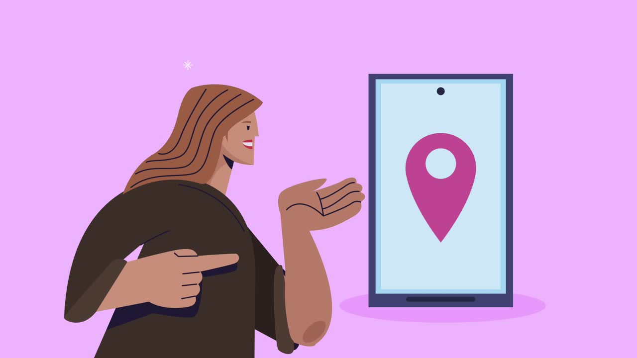 mujer joven con ubicación de pin en teléfono inteligente