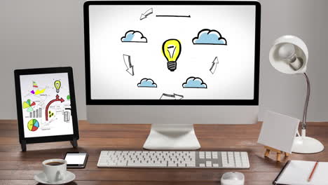 animación del procesamiento de datos financieros sobre iconos comerciales en la pantalla de la computadora.