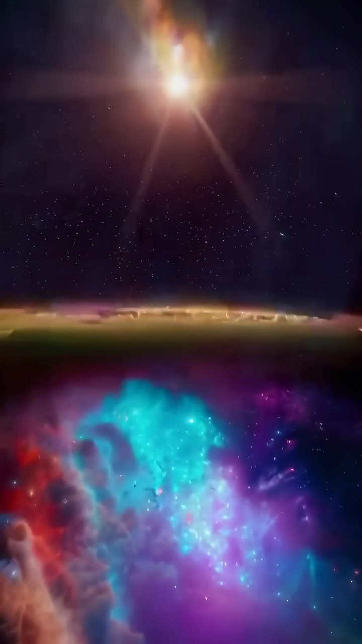 A cosmic video scene with vibrant planets and nebulae, captured from a wide-angle view