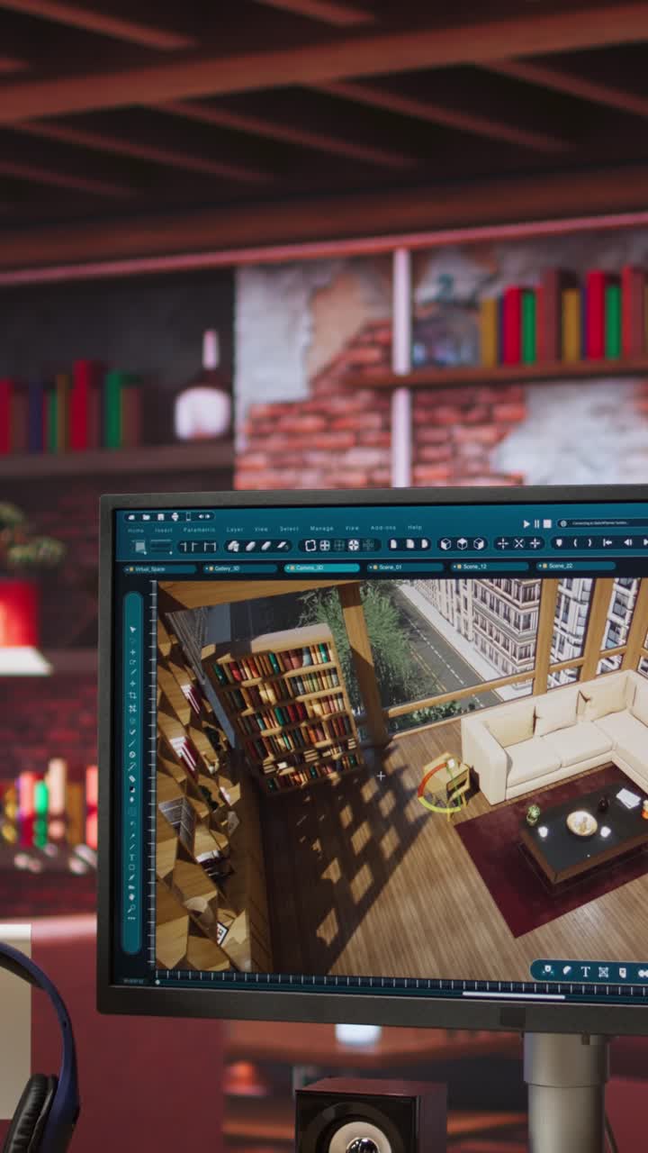 Vertical video Focus on CAD program used for modelling room virtual furniture