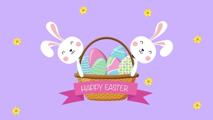 happy easter animated card with rabbits and eggs painted in basket
