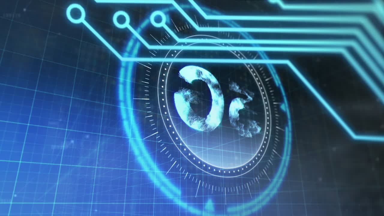 Animation of rotating globe with circuit patterns on futuristic digital interface