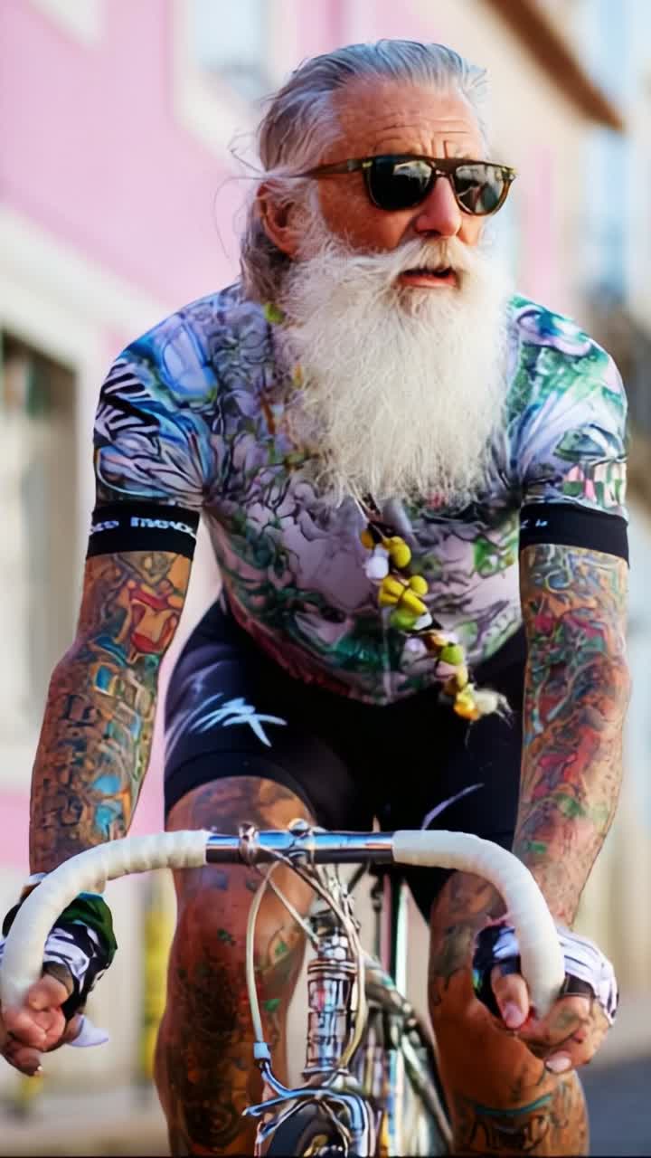 A Distinctive Cyclist with a Bearded Look and Tattoos, Riding Through Colorful Streets on a Vintage Bicycle Under Bright Sunshine