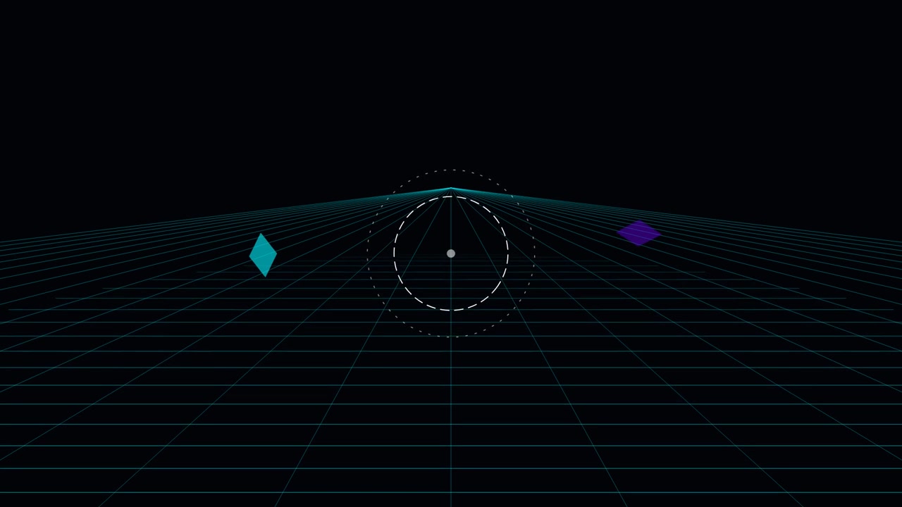 Abstract Retro Synthwave Grid with Floating Geometric Shapes