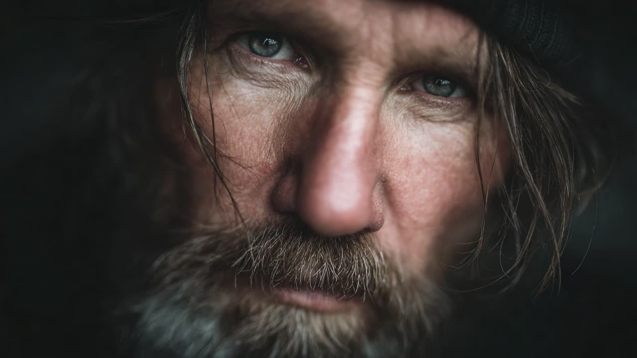 Et nærbillede portræt, der fanger det intense udtryk og de vejrbidte træk hos en mand med langt hår og skæg, der fremkalder en fornemmelse af dybde og følelser.