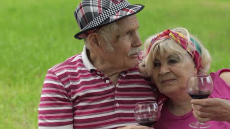 family weekend picnic in park. active senior old caucasian couple sit on blanket and drink wine