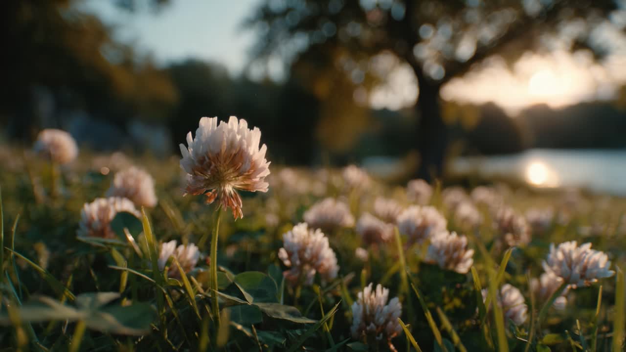 A Beautiful Late Afternoon Scene Featuring Blooming White Clover Flowers Bathed in Warm Sunlight by a Tranquil Lake Surrounded by Nature's Serenity