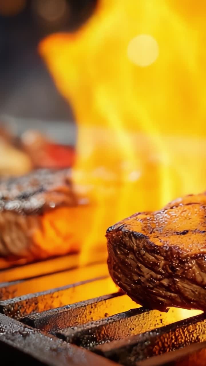 Bistecche alla griglia sfrigolanti con fiamme: un'esperienza culinaria deliziosa che cattura l'arte della cottura al barbecue e l'irresistibile aroma del cibo sul fuoco.
