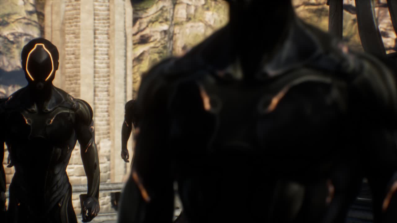 escena cgi, grupo de hombres guerreros negros alienígenas de pie mirando hacia arriba