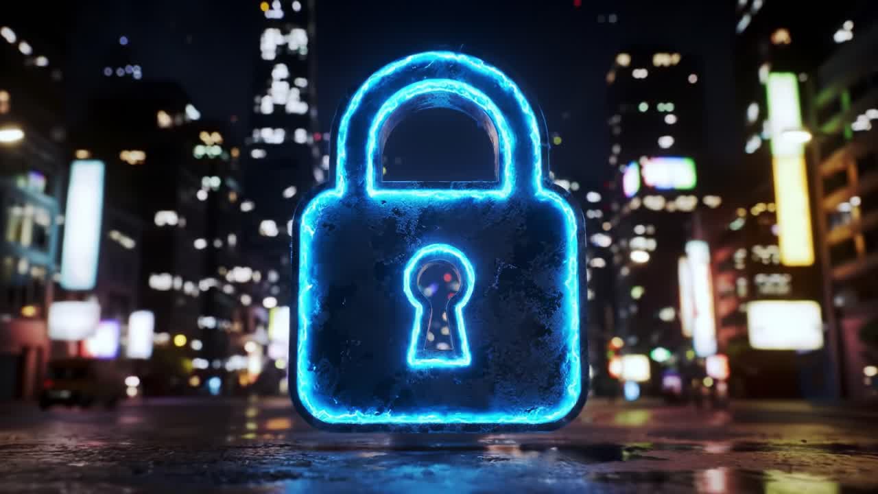 Neon Lock in a Night Cityscape