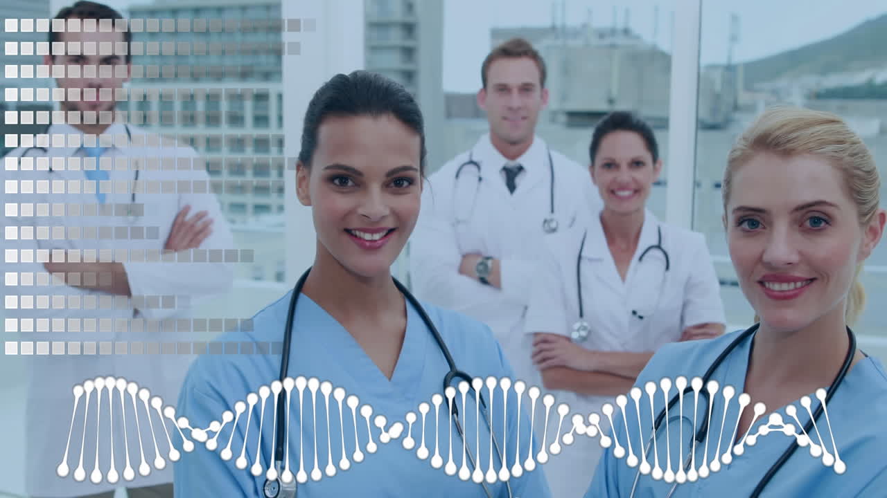 Legeteam omgitt av en animasjon av DNA-heliks og rutenettmønster