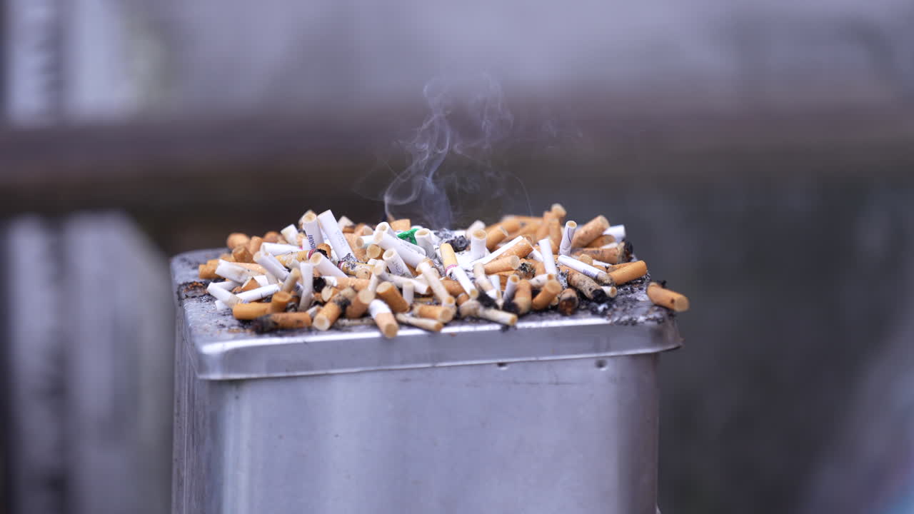 Close-up of used cigarette butts piled in an ashtray, with one still smoldering. Smoke drifts up, symbolizing ongoing pollution and health risks.