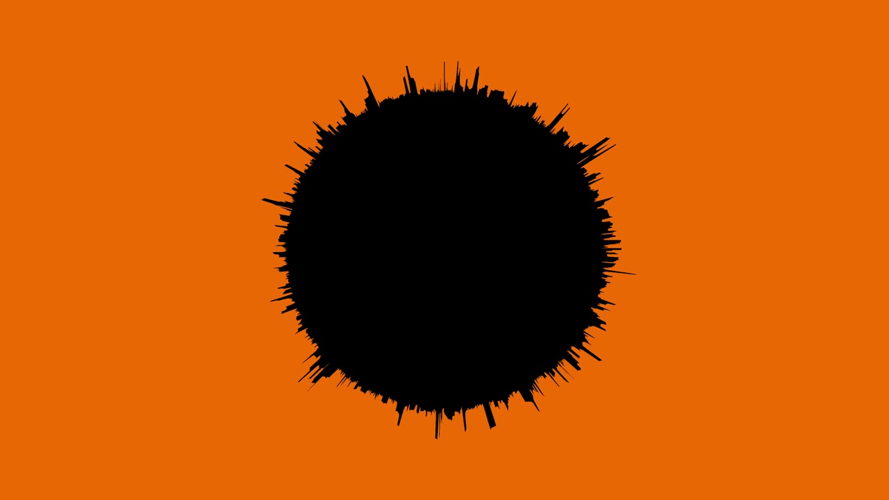 Animazione a scoppio radiale nero con schizzi su sfondo arancione, loop continuo.