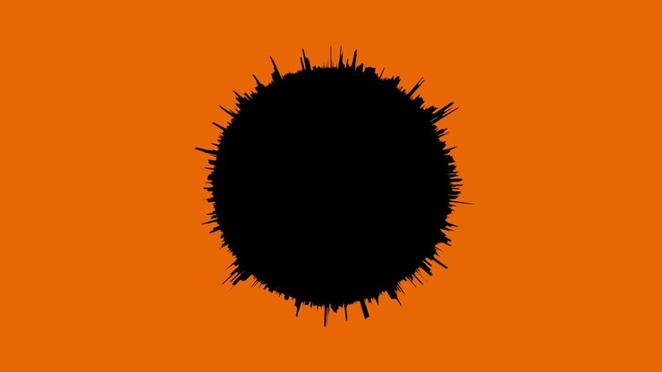 Animazione a scoppio radiale nero con schizzi su sfondo arancione, loop continuo.