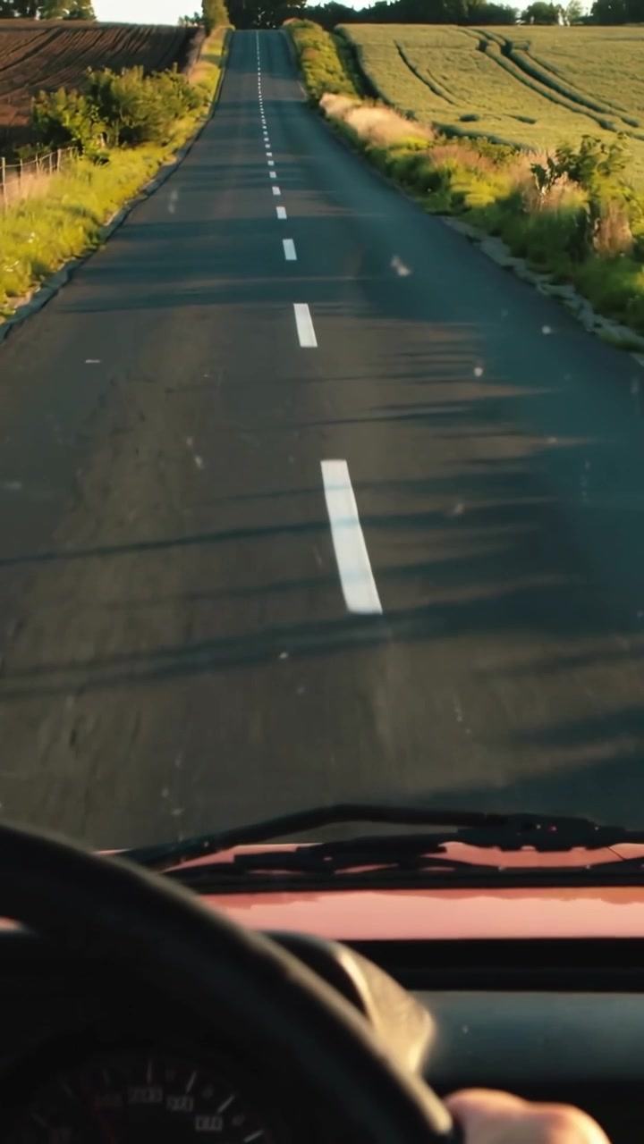 Vertikal video: Starter kørsel, chauffør holder rat, kører ad landevej op ad bakke med rød motorhjelm