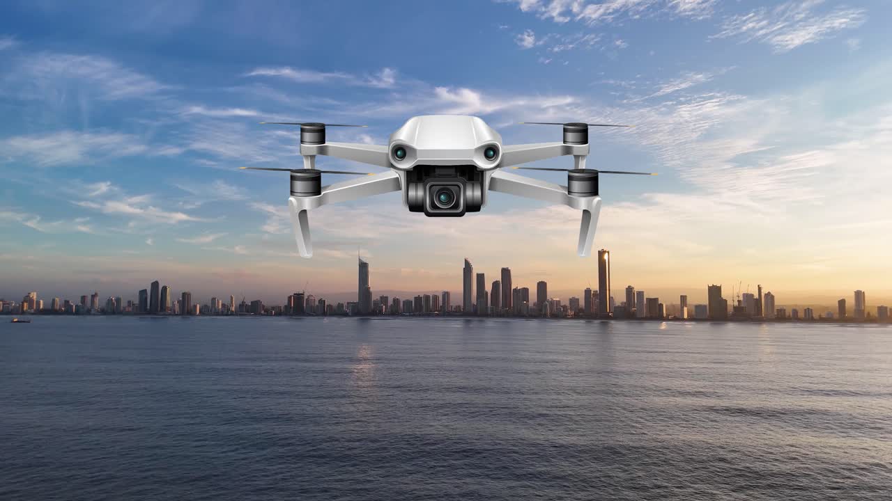 Aerial view of a drone flying over Gold Coast, Australia, with a stunning sunset backdrop and city skyline