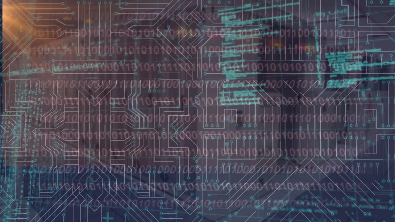 Animation of data processing over glowing computer circuit board