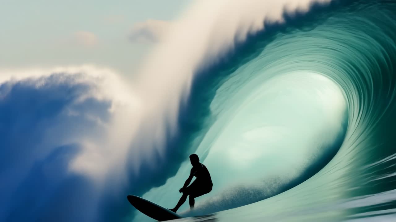 Fermo immagine video dinamico di un surfista all'interno di un'onda enorme, ripreso da un'angolazione bassa