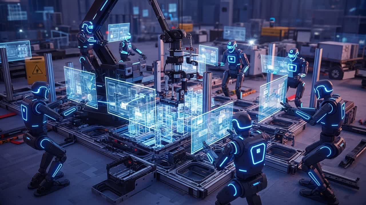 An Advanced Robotic Assembly Line Featuring Futuristic Humanoid Robots Collaborating to Create and Manage Holographic Displays in a High-Tech Industrial Environment