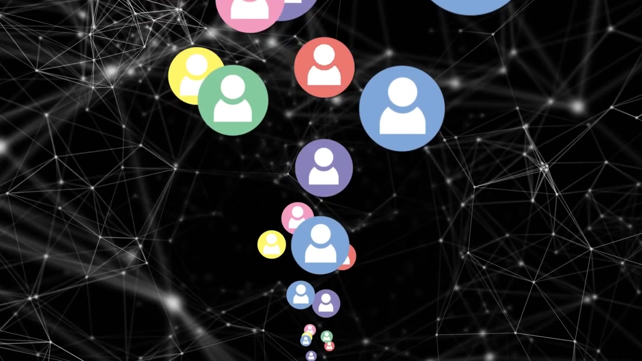 Colorful User Icons Rising on Abstract Digital Network Background