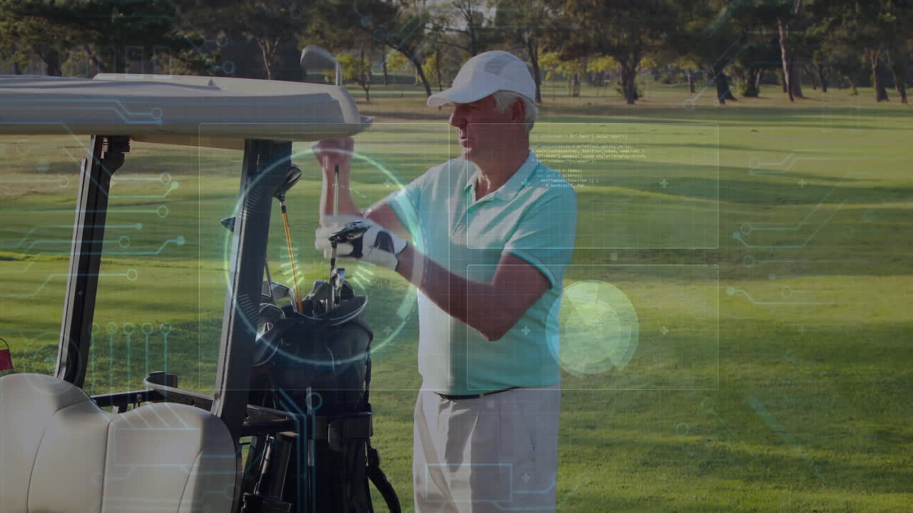 Senior male golfer retrieving club beside electric cart on fairway, with animated sports data icons