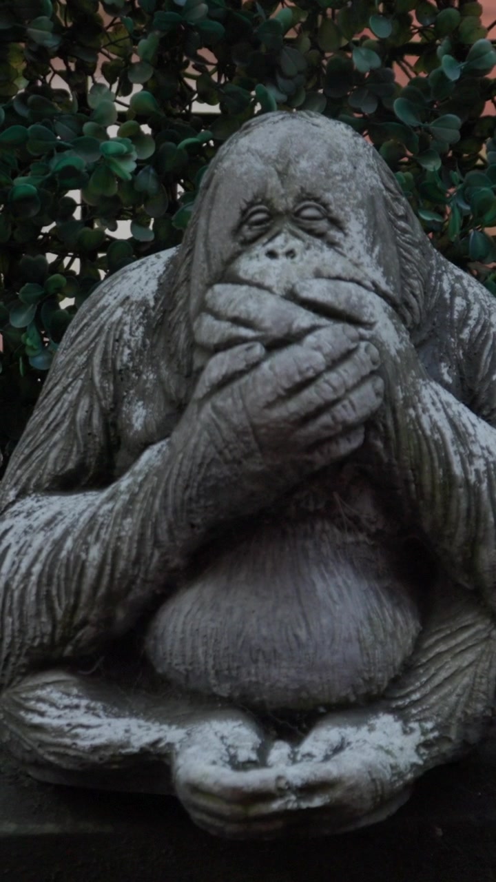 Nærbillede af en orangutangstatue, der dækker sin mund, symboliserer 'tal ikke ondt'-konceptet. Udtryksfuld dyrefigur ideel til temaer som stilhed, hemmeligholdelse, etik og filosofi.
