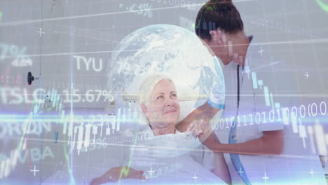 caring for elderly patient, healthcare professional analyzing financial data with animation