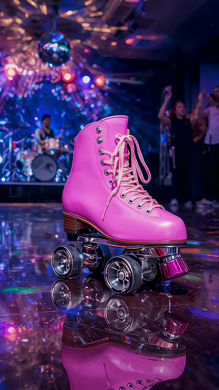 Vertical video: Band starting set pulsing lights pink quad skate sitting at club, crowd clapping
