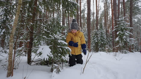 Lustiges-Kleines-Kind-Mit-Hut-Und-Jacke-Spielt-Im-Winter-Mit-Schnee-Im-Wald.-Fröhlicher,-Unbeschwerter-Junge