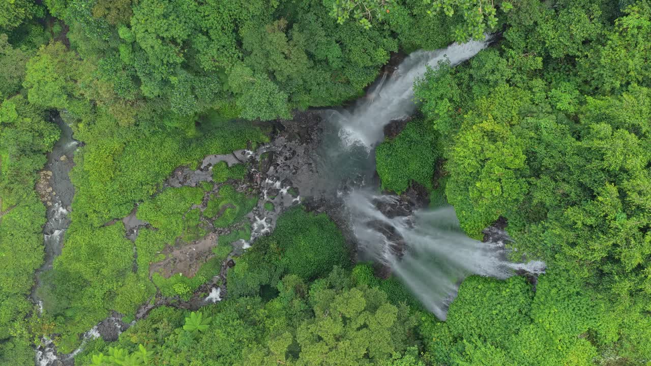Vista aérea de una cascada tropical cayendo a través de un exuberante bosque verde