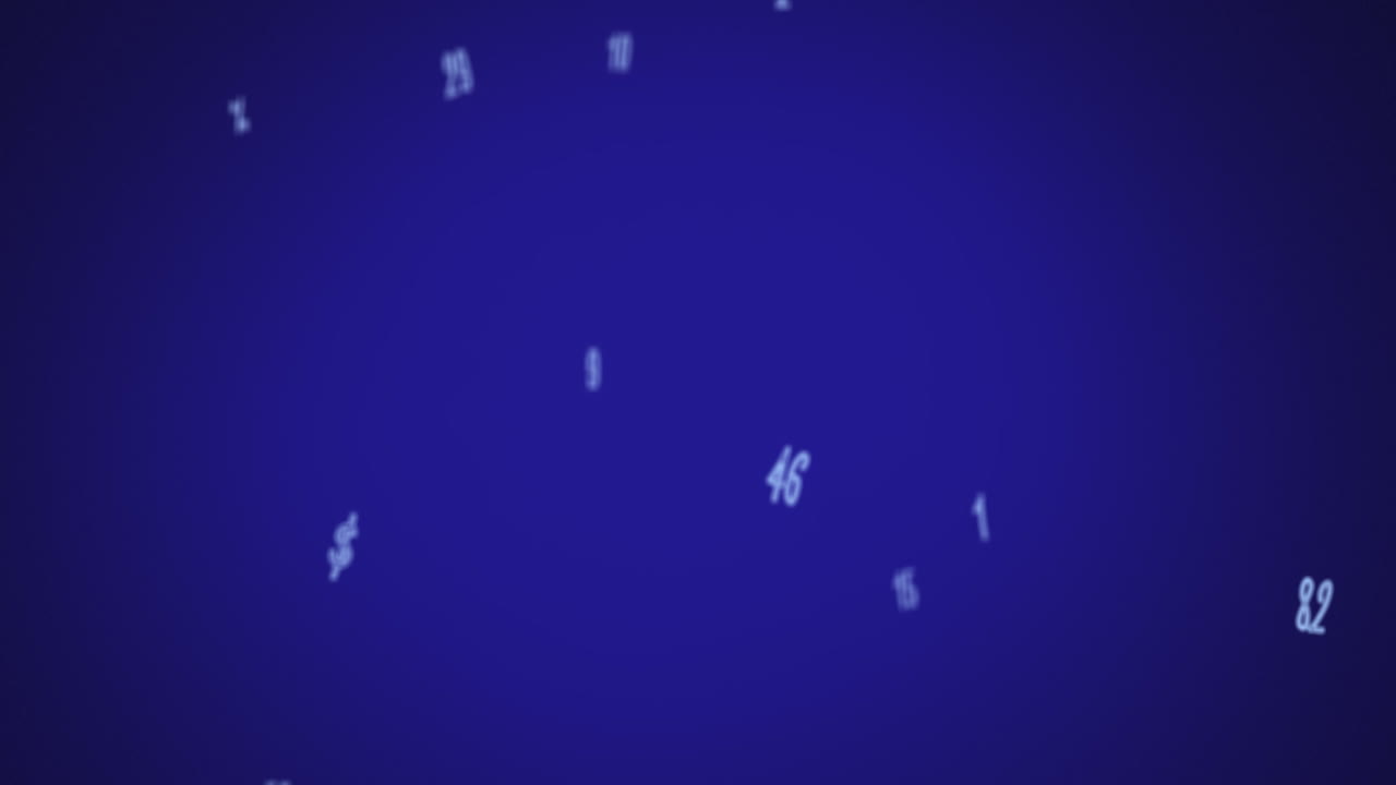 animación digital de múltiples números y símbolos que caen contra un fondo azul